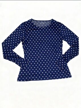Lands' End Navy Blue Polka Dot Crew Neck Top